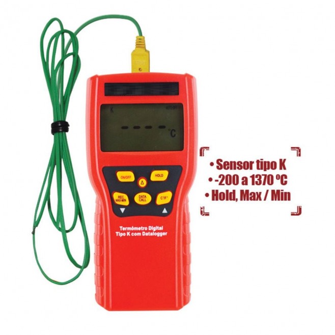 TERMÔMETRO TIPO-K COM DATALOGGER MANUAL MOD. IF1200 DE 1 CANAL COM FUNÇÃO HOLD, MÁX/MÍN E UMIDADE RELATIVA - INSTRUFIBER