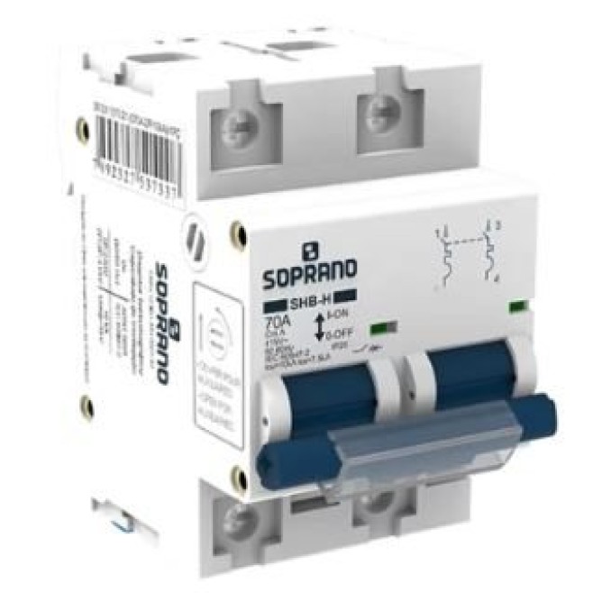 Disjuntor Din Bipolar 70A 10kA Curva C SHB-H Soprano - INSTRUFIBER