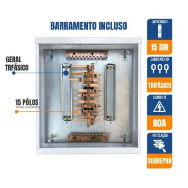 Quadro de Distribuição 15 Din + Geral c/ Barramento Trifásico 80A - Sobrepor - INSTRUFIBER