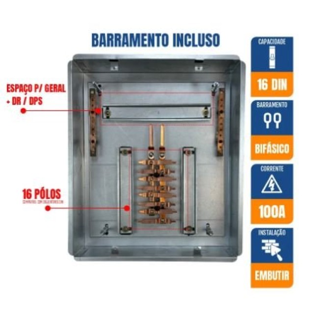 Quadro de Distribuição 16 Din + Geral c/ Barramento Bifásico 100A - Embutir - INSTRUFIBER