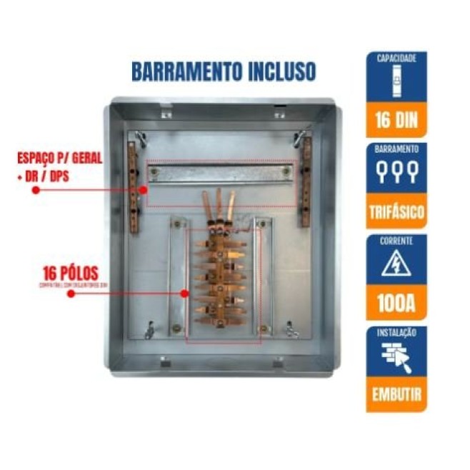 Quadro de Distribuição 16 Din + Geral c/ Barramento Trifásico 100A - Embutir - INSTRUFIBER