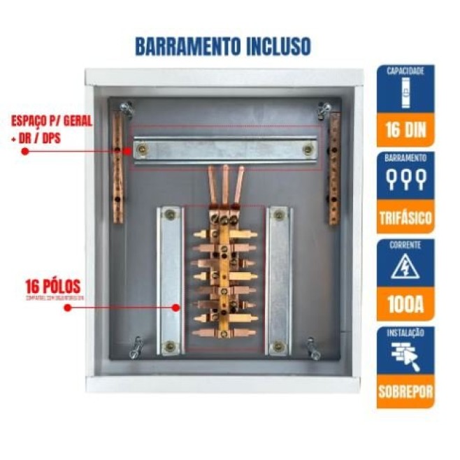 Quadro de Distribuição 16 Din + Geral c/ Barramento Trifásico 100A - Sobrepor - INSTRUFIBER