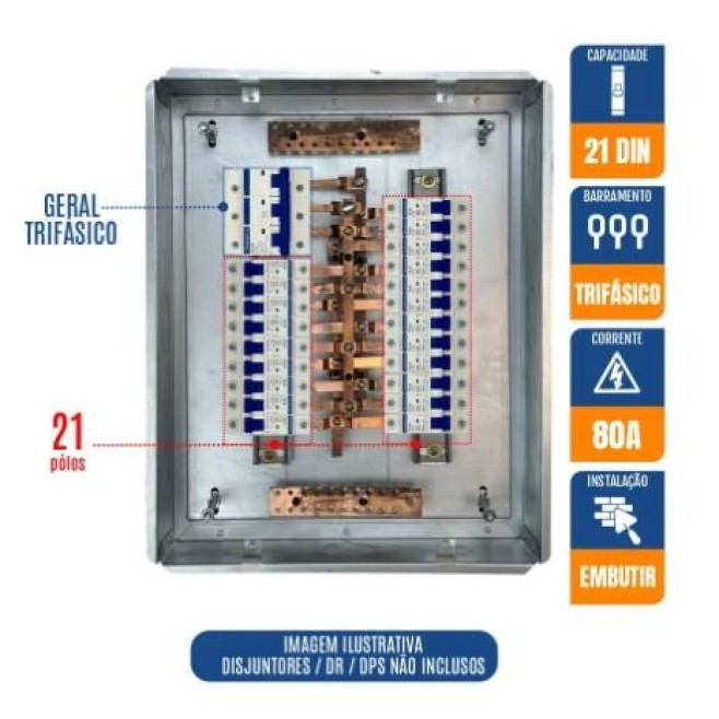 Quadro de Distribuição 21 Din + Geral c/ Barramento Trifásico 80A - Embutir - INSTRUFIBER
