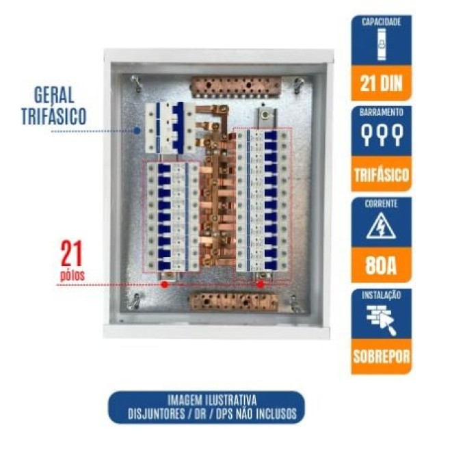 Quadro de Distribuição 21 Din + Geral c/ Barramento Trifásico 80A - Sobrepor - INSTRUFIBER
