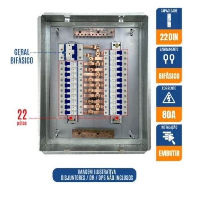 Quadro de Distribuição 22 Din + Geral c/ Barramento Bifásico 80A - Embutir - INSTRUFIBER