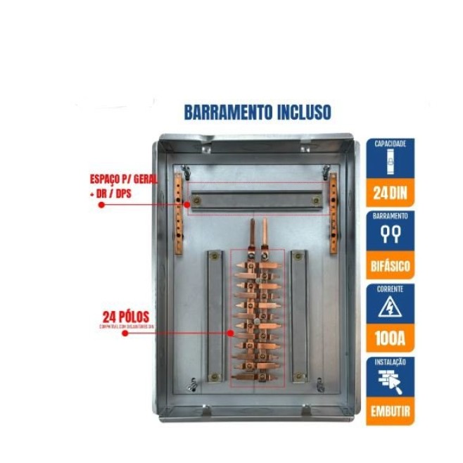 Quadro de Distribuição 24 Din + Geral c/ Barramento Bifásico 100A - Embutir - INSTRUFIBER
