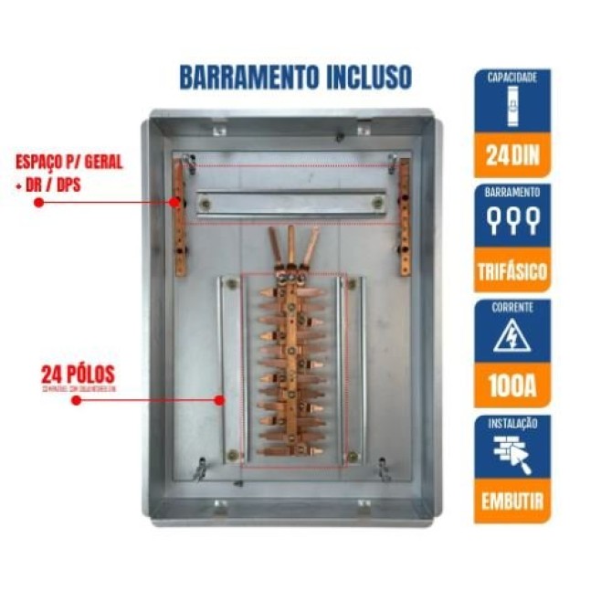 Quadro de Distribuição 24 Din + Geral c/ Barramento Trifásico 100A - Embutir - INSTRUFIBER