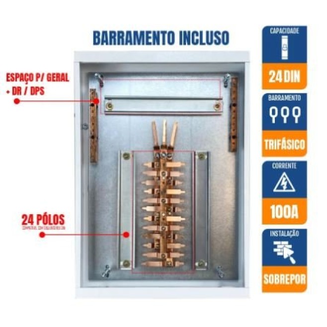 Quadro de Distribuição 24 Din + Geral c/ Barramento Trifásico 100A - Sobrepor - INSTRUFIBER