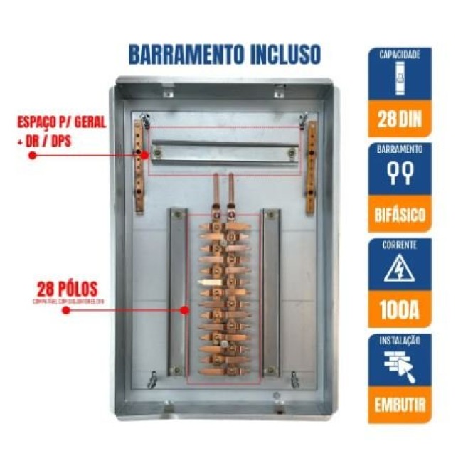 Quadro de Distribuição 28 Din + Geral c/ Barramento Bifásico 100A - Embutir - INSTRUFIBER