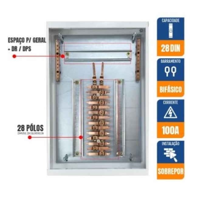 Quadro de Distribuição 28 Din + Geral c/ Barramento Bifásico 100A - Sobrepor - INSTRUFIBER