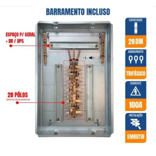 Quadro de Distribuição 28 Din + Geral c/ Barramento Trifásico 100A - Embutir - INSTRUFIBER