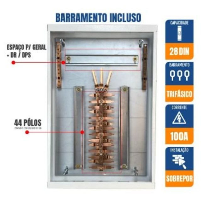 Quadro de Distribuição 28 Din + Geral c/ Barramento Trifásico 100A - Sobrepor - INSTRUFIBER