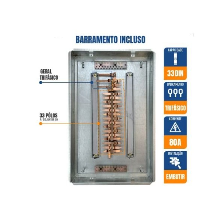 Quadro de Distribuição 33 Din + Geral c/ Barramento Trifásico 80A - Embutir - INSTRUFIBER