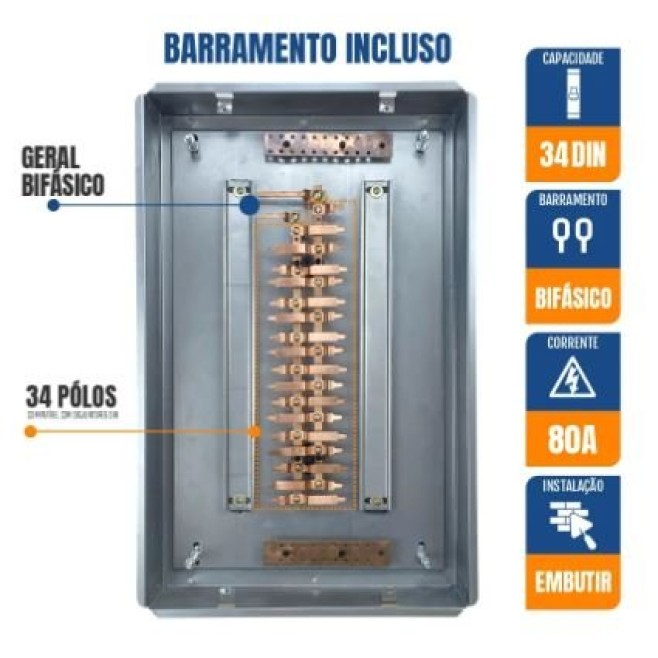 Quadro de Distribuição 34 Din + Geral c/ Barramento Bifásico 80A - Embutir - INSTRUFIBER