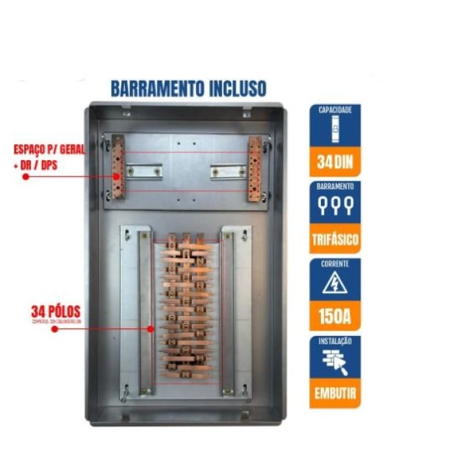 Quadro de Distribuição 34 Din + Geral c/ Barramento Trifásico 150A - Embutir - INSTRUFIBER