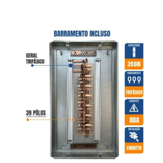 Quadro de Distribuição 39 Din + Geral c/ Barramento Trifásico 80A - Embutir - INSTRUFIBER