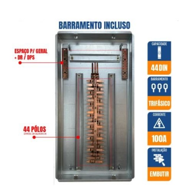 Quadro de Distribuição 44 Din + Geral c/ Barramento Trifásico 100A - Embutir - INSTRUFIBER