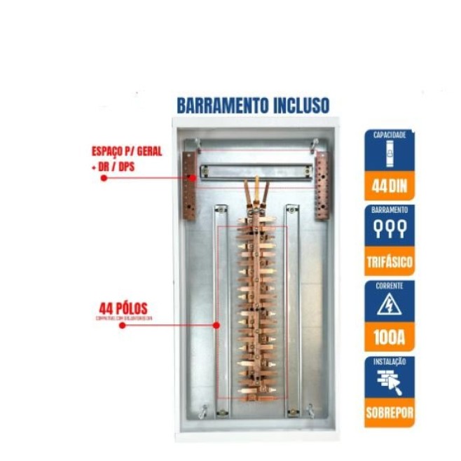 Quadro de Distribuição 44 Din + Geral c/ Barramento Trifásico 100A - Sobrepor - INSTRUFIBER