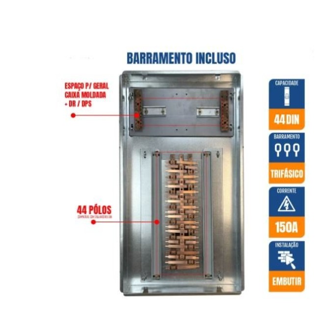 Quadro de Distribuição 44 Din + Geral c/ Barramento Trifásico 150A - Embutir - INSTRUFIBER