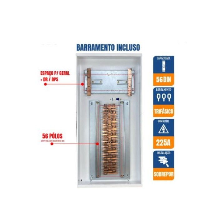 Quadro de Distribuição 56 Din + Geral c/ Barramento Trifásico 225A - Sobrepor - INSTRUFIBER