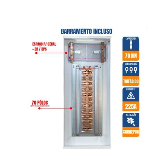 Quadro de Distribuição 70 Din + Geral c/ Barramento Trifásico 225A - Sobrepor - INSTRUFIBER