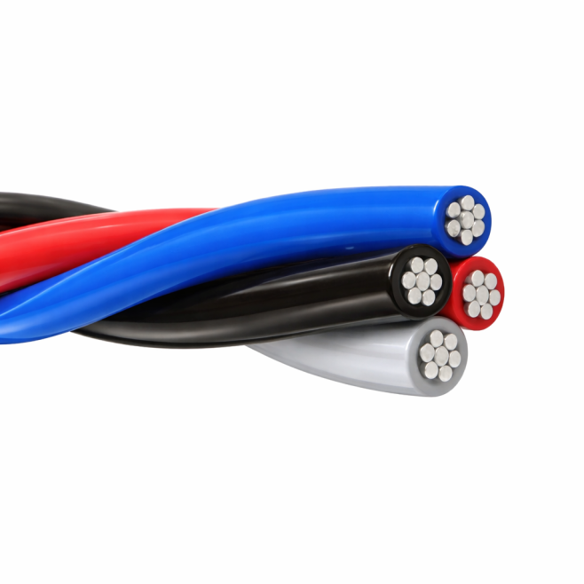 Cabo Alumínio Quadruplex 185mm² (3X185mm² +120mm² - Preto/Cinza/Vermelho + Neutro isolado) - INSTRUFIBER